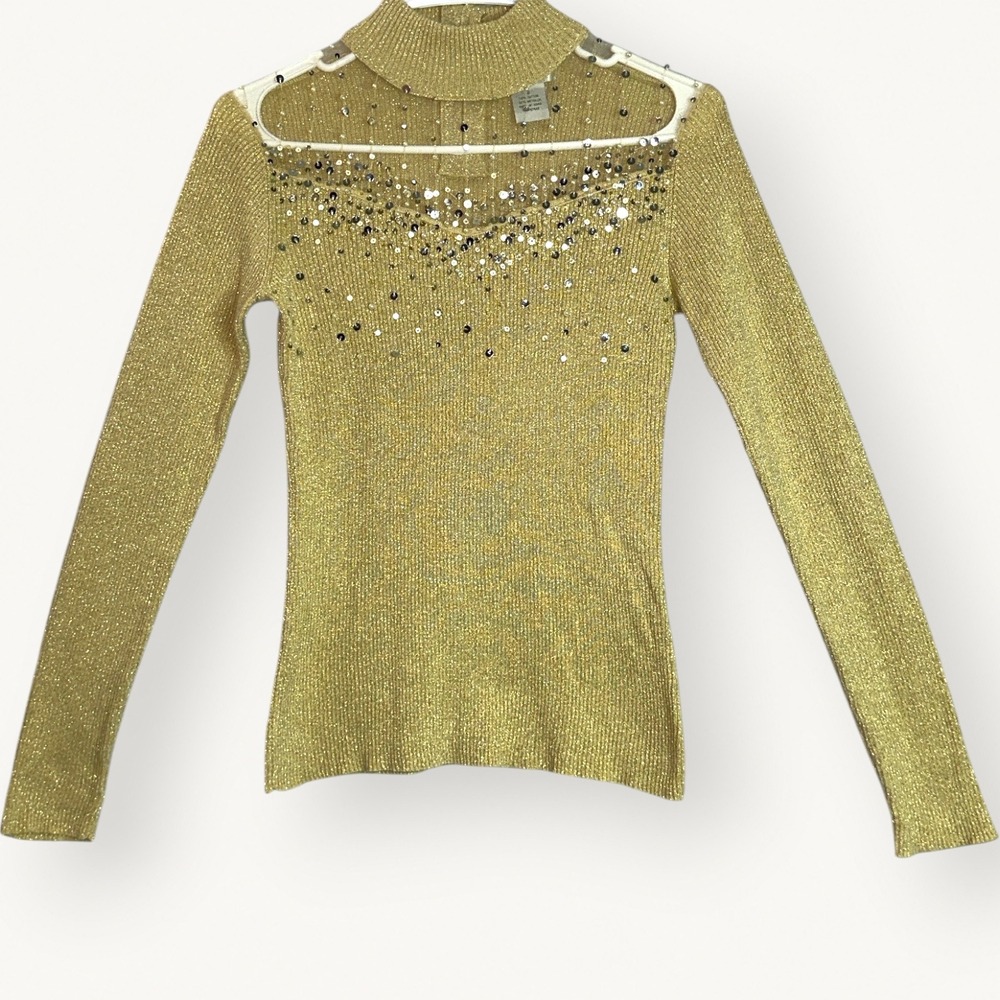 Once Again Gold Metallic Ribbed Mock Neck Sequin Pearl Mesh Sweater S Festive